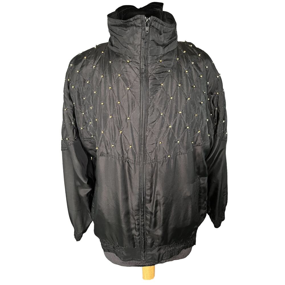 Vintage 90s Rhoda Lynn Black Windbreaker Zip Up Silk Coat Jacket Medium Large